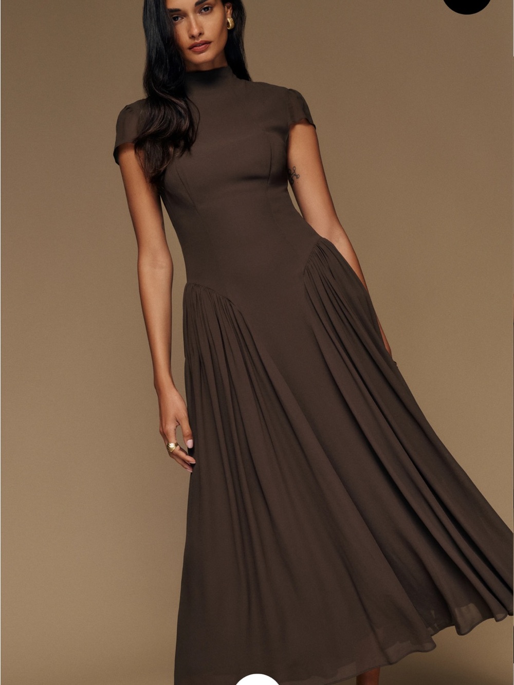 Reformation Brown High-Neck Pleated Maxi Dress